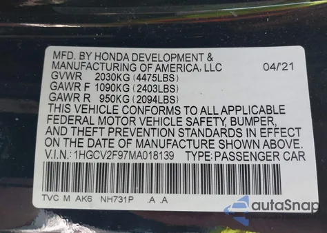 2021 Honda Accord Touring from USA, damaged, VIN 1HGCV2F97MA018139